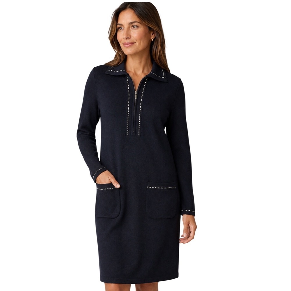 Andrea Jovine Women's Black Wool Dress Size Small Long Sleeve Zip Collar Pockets